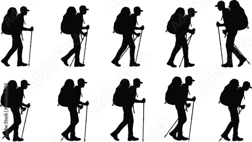 Black and white vector silhouettes of hikers walking with backpacks and trekking poles for mountain climbing travel and outdoor adventure.
