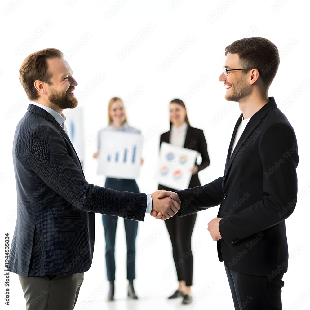 Fototapeta premium Two businessmen shaking hands in a professional setting with colleagues in the background
