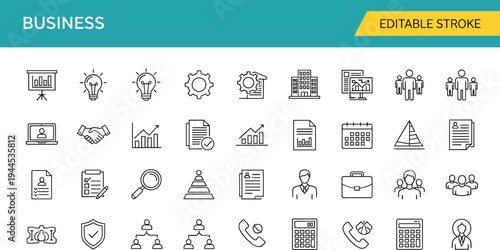 Business and corporate editable stroke icon set including presentation, ideas, growth chart, hierarchy, team, documents, calendar and office management symbols