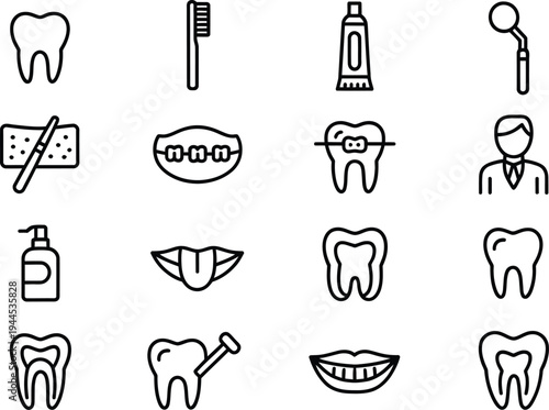 Dental hygiene and care icons, featuring teeth, toothbrushes, toothpaste, braces, and dental tools.