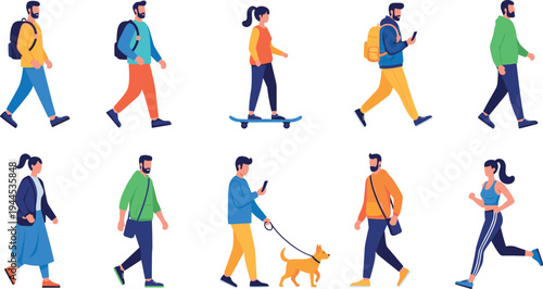 Flat people characters set walking running skateboarding and walking dog in colorful casual clothes isolated on white background vector