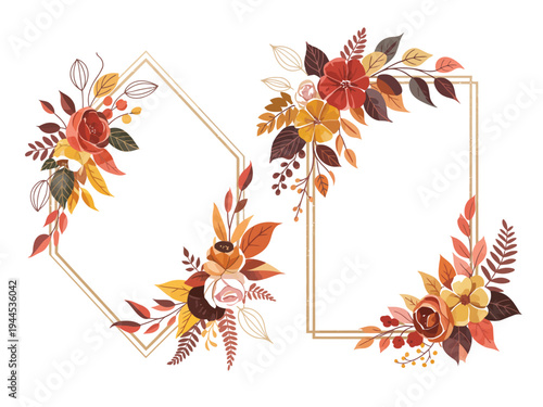 Elegant autumn floral borders with warm colors and geometric frames