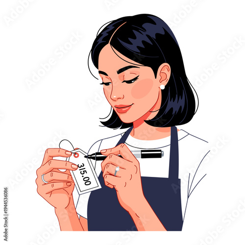 Woman writing price tag for retail product