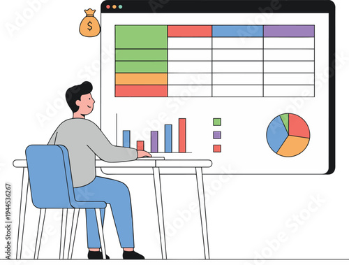 A man sitting at a desk with a large computer screen and graphs
