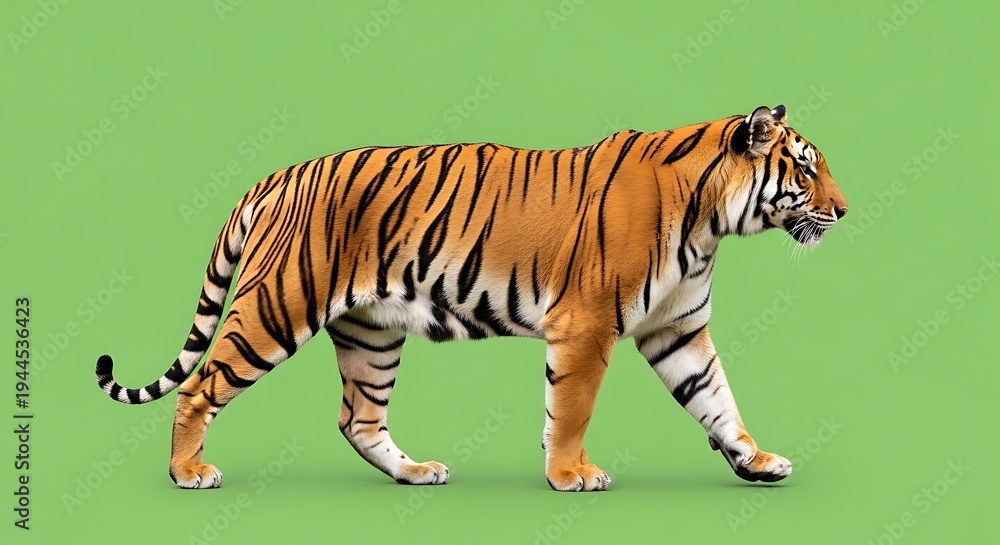 Obraz premium Majestic tiger, side view, walking on a pastel green background, full body, detail