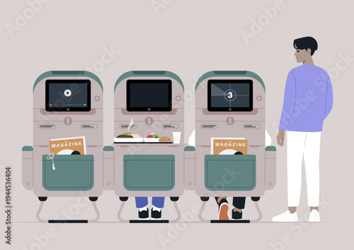 Three airplane seats showcase passengers engaged with in-flight services, featuring entertainment screens, meals, and a nearby attendant ready to assist for a comfortable journey.