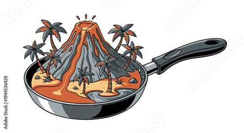 Tropical Island Volcano in Frying Pan, Surreal Landscape Illustration