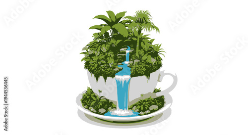 Tropical Paradise in a Teacup: Lush Vegetation and Waterfall Scene