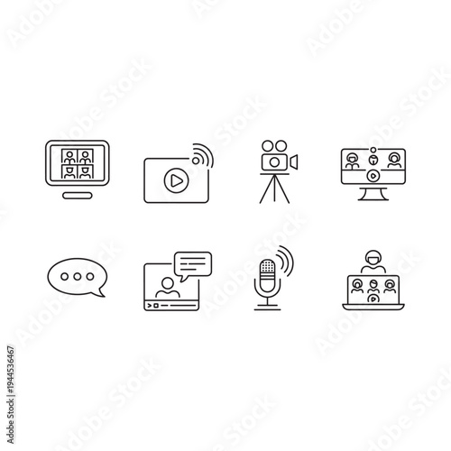 Line art icons depicting various communication and broadcasting technologies