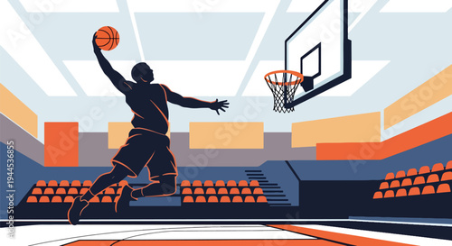 Modern vector illustration of basketball player performing powerful slam dunk in indoor arena, dynamic sports competition concept with clean flat design