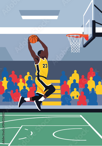 Modern vector illustration of basketball player performing powerful slam dunk in indoor arena, dynamic sports competition concept with clean flat design