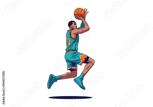 Modern vector illustration of basketball player jump shooting, isolated on white background, dynamic competition sports concept