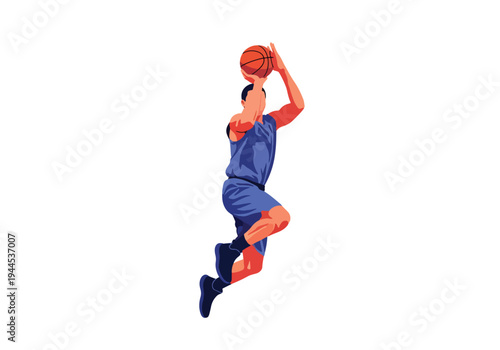Modern vector illustration of basketball player jump shooting, isolated on white background, dynamic competition sports concept