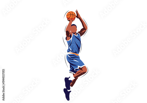 Modern vector illustration of basketball player jump shooting, isolated on white background, dynamic competition sports concept