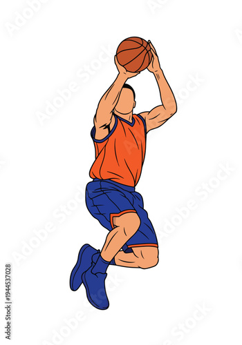 Modern vector illustration of basketball player jump shooting, isolated on white background, dynamic competition sports concept