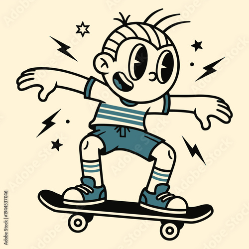 Energetic Retro Cartoon Boy Skateboarding