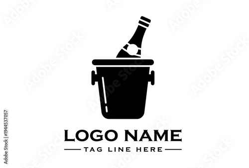 A black and white graphic illustration of a champagne bottle in an ice bucket with a placeholder logo name and tagline on a plain white background.
