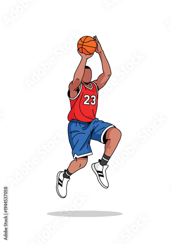 Modern vector illustration of basketball player jump shooting, isolated on white background, dynamic competition sports concept