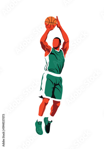 Modern vector illustration of basketball player jump shooting, isolated on white background, dynamic competition sports concept