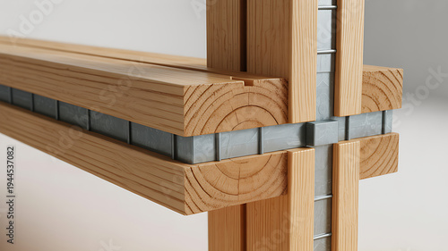 Close-up of timber frame joint with metal reinforcement - construction detail