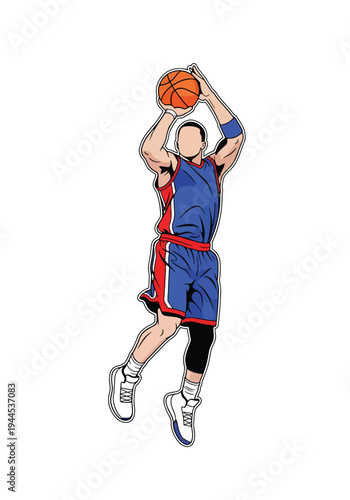 Modern vector illustration of basketball player jump shooting, isolated on white background, dynamic competition sports concept