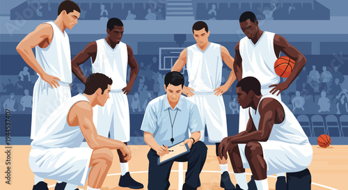 Modern vector illustration of basketball coach giving instructions with clipboard during indoor practice session