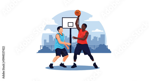Modern vector illustration of street basketball match on outdoor urban court with competitive players in action