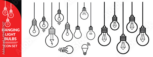 Hanging Light Bulbs Illustration Decorative Lighting Fixtures Black and White Vector Design Electric Lamp Idea Concept Creative