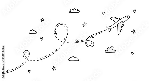 Minimalist line art illustration of an airplane flying with a looping dotted trail in the sky among clouds and stars, depicting travel and journey.