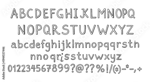 Hand-drawn outlined alphabet, numbers, and symbols in a whimsical, doodle-like font style on a white background.