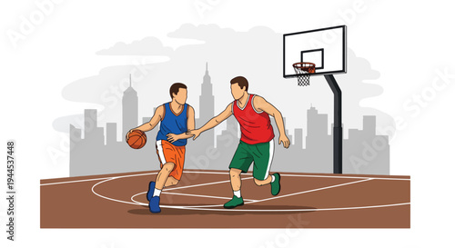 Modern vector illustration of street basketball match on outdoor urban court with competitive players in action