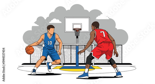 Modern vector illustration of street basketball match on outdoor urban court with competitive players in action