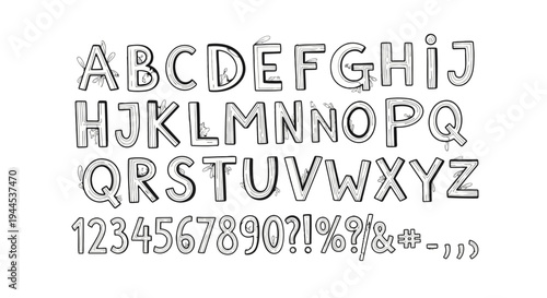 A hand-drawn sketch of the complete English alphabet, numbers, and punctuation marks on a white background.