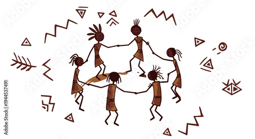 Stylized depiction of stick figures dancing in a circle surrounded by ancient tribal symbols, evoking a sense of community and cultural heritage.