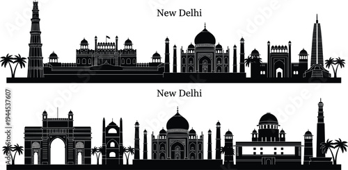 New Delhi India skyline silhouette featuring iconic monuments, Qutub Minar, India Gate, Red Fort, Taj Mahal, vector cityscape illustration isolated on white background