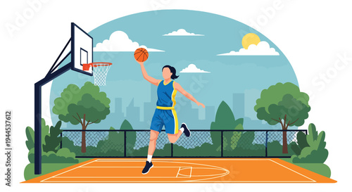 Modern vector illustration of female basketball player performing layup shot in outdoor court