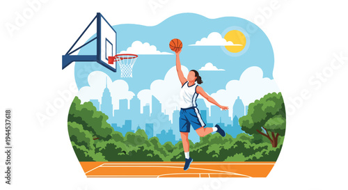 Modern vector illustration of female basketball player performing layup shot in outdoor court