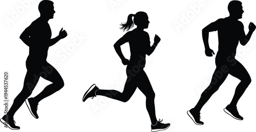 Three running silhouettes, male and female athletes in stride, black white illustration, fitness concept, exercise design, sports artwork