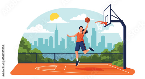 Modern vector illustration of female basketball player performing layup shot in outdoor court