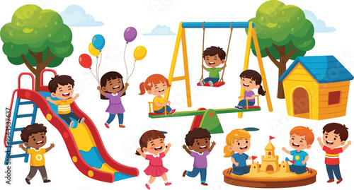 Happy Diverse Children Playing on Outdoor Playground with Slide Swing Seesaw and Sandbox in Sunny City Park Vector Illustration for Early Childhood Education and Family Activity Concept