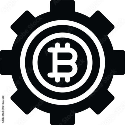 Bitcoin gear icon symbolizing cryptocurrency technology, blockchain mining and digital finance concept, black bitcoin emblem inside cogwheel isolated on white background vector illustration