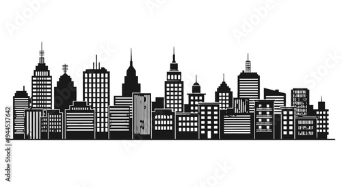 Black and white graphic silhouette of a modern city skyline with various buildings and skyscrapers.