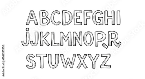 Hand-drawn uppercase English alphabet with outlined letters on a white background, suitable for educational or design purposes.