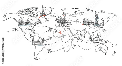 Hand-drawn world map illustrating global travel routes connecting famous international landmarks with airplanes flying between destinations.