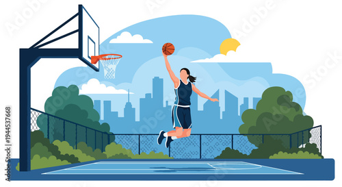 Modern vector illustration of female basketball player performing layup shot in outdoor court