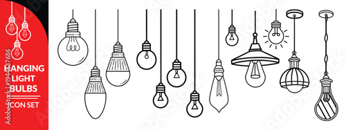 Hanging Light Bulbs Illustration Decorative Lighting Fixtures Black and White Vector Design Electric Lamp Idea Concept Creative