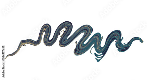 Abstract wavy brushstroke in shades of blue, green, and gold on a white background.