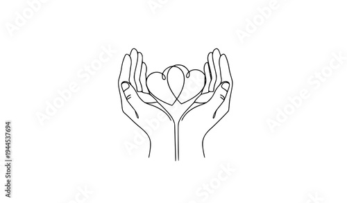 Minimalist One-Line Hands Holding Hearts – Love and Care Vector Illustration