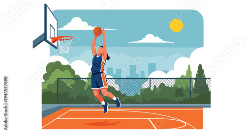 Modern vector illustration of female basketball player performing layup shot in outdoor court