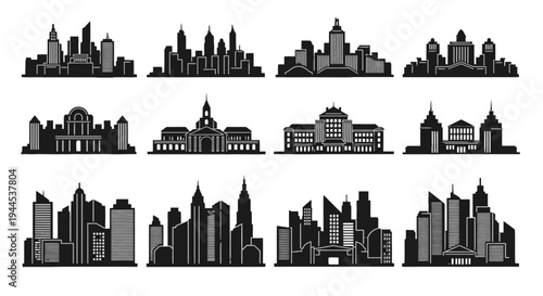 A collection of twelve distinct black and white silhouette illustrations depicting various city skylines and prominent architectural buildings, showcasing urban landscapes and classical structures.